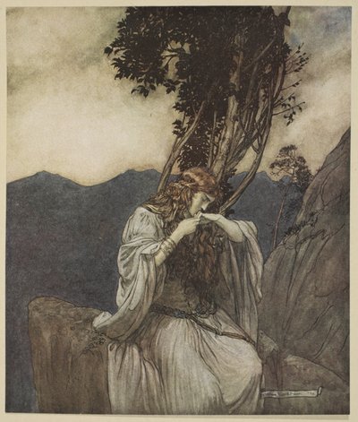 Brunnhilde kisses the ring that Siegfried has left with her by Arthur Rackham
